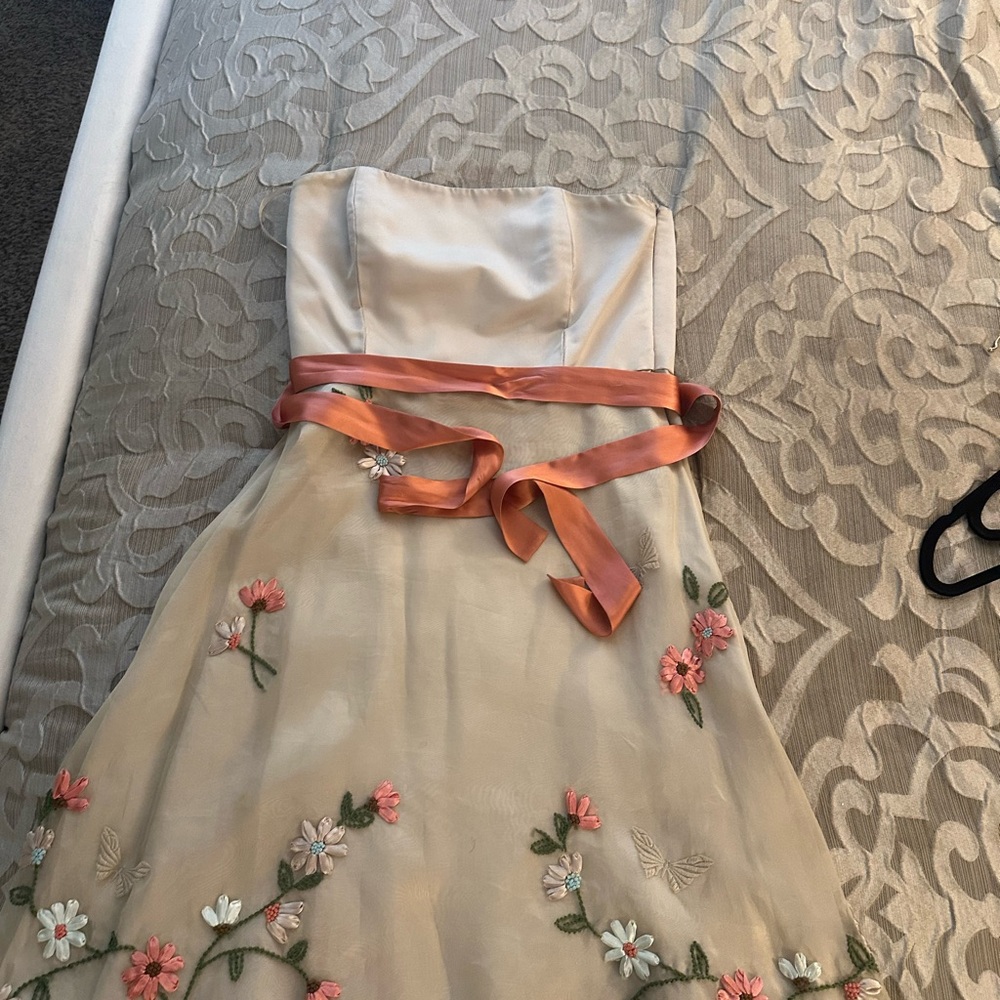 Spenser Jeremy Vintage Embroidered Chiffon Strapless Tea Dress Coral satin belt